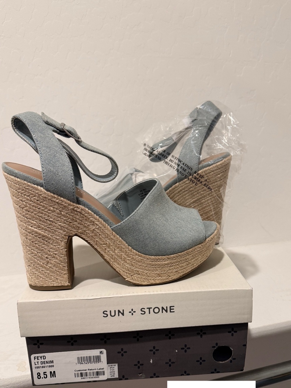 Sun + Stone Light Denim Espadrille Wedge Sandals